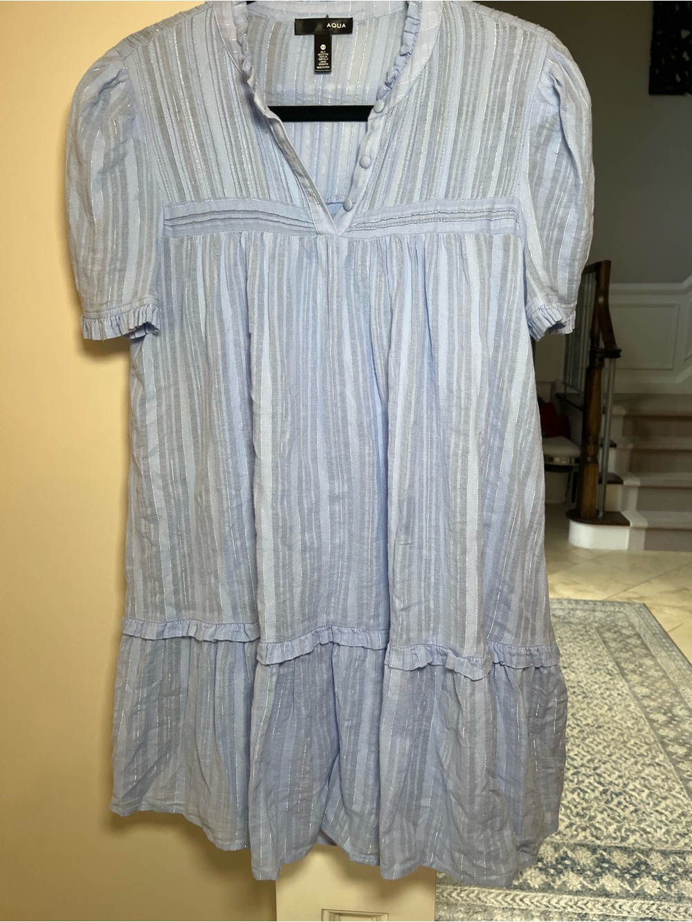 AQUA Blue Metallic Stripe Tiered Mini Dress XS Ruffle Puff Sleeve